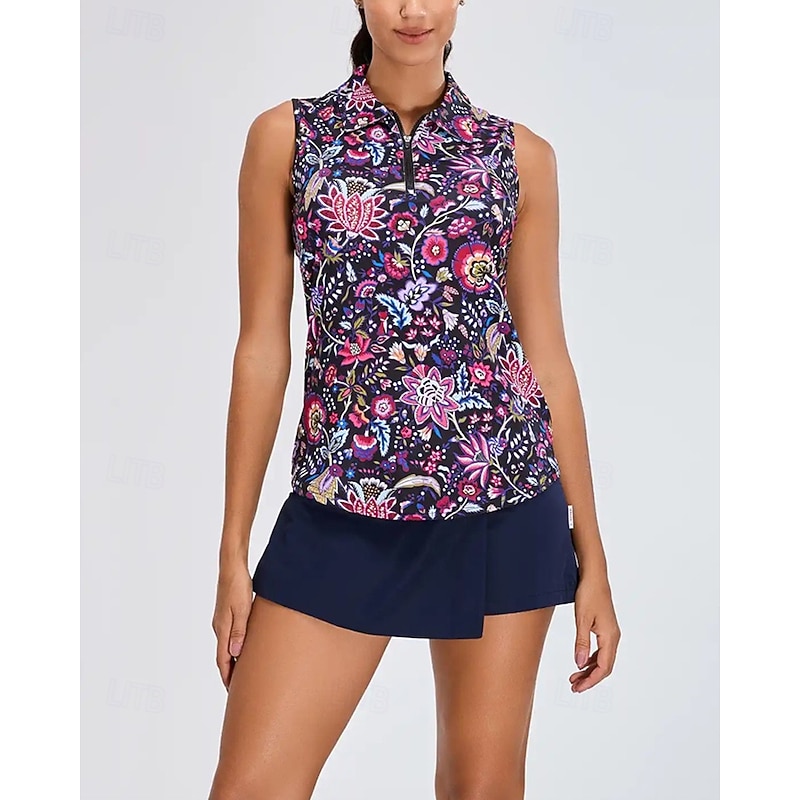 Women's Floral Tennis Shirt Sleeveless Print UPF50+ Quick Dry Tennis Golf Outdoor Exercise Zip Collar Tee Tshirt Top Purple Tennis Clothing2