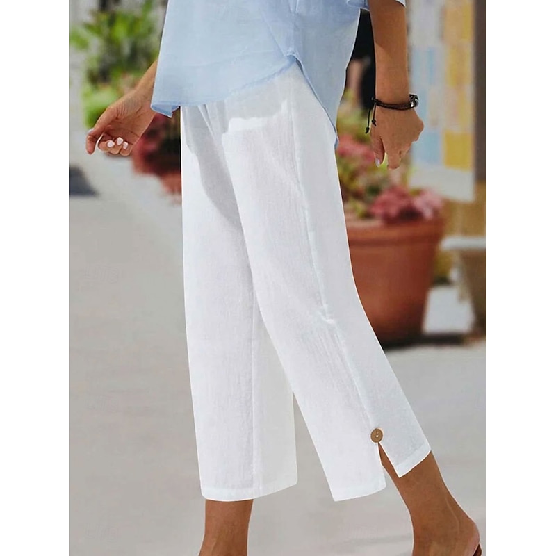 Women's Chinos Vacation Vintage Basic Calf-Length High Waist Plain Elastic Waistband Comfy Soft Comfortable Micro-elastic Formal Vacation Street White Summer Spring Loose Fit