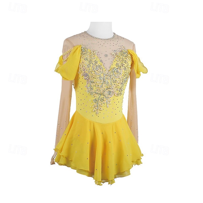 Figure Skating Dress Women's Girls' Ice Skating Dress Yellow Patchwork Thumbhole Mesh Spandex Stretchy Training Practice Professional Skating Wear Thermal Warm Crystal / Rhinestone Long Sleeve Ice4