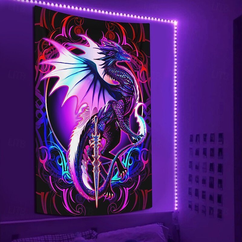 Ruth Thompson Blacklight Tapestry Glow in the Dark Glow Party UV Reactive Trippy Misty Hanging Tapestry Wall Art Mural for Living Room Bedroom Dragonblade EBONBLADE HIGH REZ3