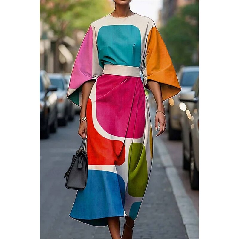 Women's Long Dress Maxi Dress Casual Dress Summer Dress Fashion Modern Daily Date Weekend Regular Fit Geometric 3/4 Length Sleeve Crew Neck Pink Blue Purple Fuchsia Summer2