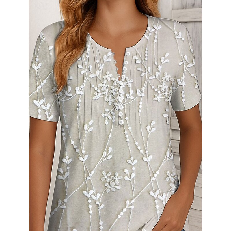 Women's T Shirt Floral Graphic Vintage Stylish Classic Short Sleeve Round Neck Regular Tops Daily Weekend Beach Wear Smocked Buttons Print Blue off-white Summer Spring2