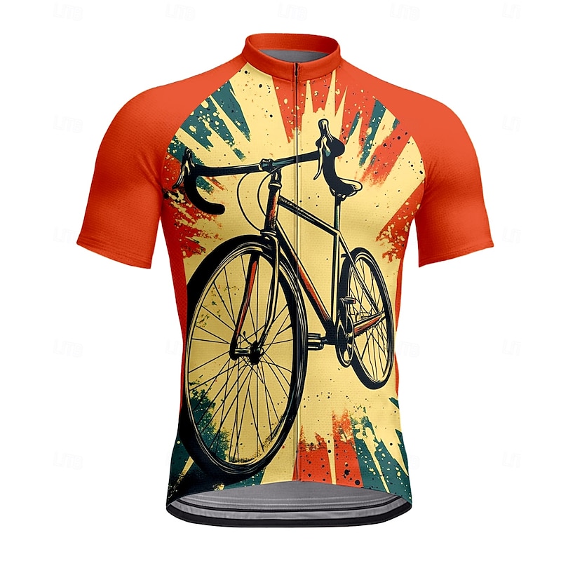 Men's Cycling Jersey Graphic Geometric Short Sleeve Bike Tee Tshirt Jersey Top with 3 Rear Pockets UV Resistant Quick Dry Front Zipper Reflective Strips Sports Orange Clothing Apparel
