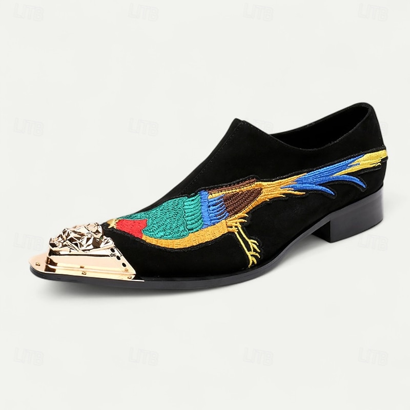 Men's Embroidered Velvet Leather Loafers with Colorful Bird Design and Metal Toe – Luxury Slip-On Formal Shoes for Parties and Weddings3