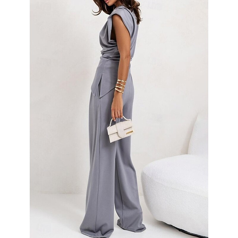 Women's Elegant Fashion Streetwear Pants Sets Sleeveless Crew Neck Solid Color Ruched Formal Casual Daily Dark Grey White Khaki Summer Regular Fit3