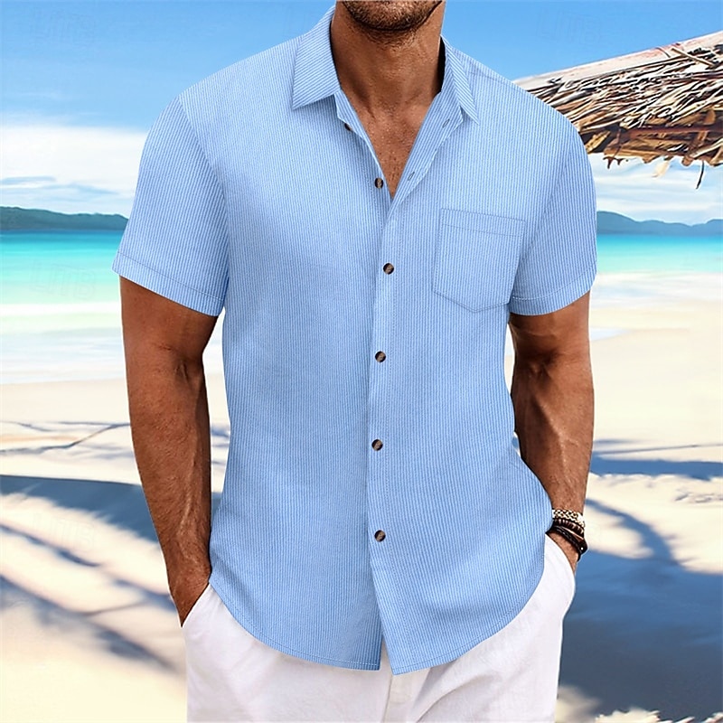 Men's Shirt Summer Shirt Casual Shirt Beach Shirt Button Up Shirt Black Navy Blue Blue Dark Green Brown Short Sleeve Plain Lapel Vacation Hawaiian Jacquard Clothing Apparel Polyester Fashion Casual