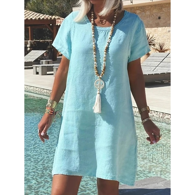 Women's Mini Dress White Dress Cotton Linen Dress Vacation Casual Holiday Form Fit Plain Short Sleeve Crew Neck White Light Blue Summer Spring