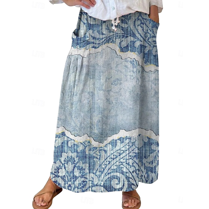 Women's Skirt A Line Bohemia Vintage Casual Maxi High Waist Skirts Floral Pocket Print Micro-elastic Street Daily Navy Blue Blue Sky Blue Brown Summer Polyester Faux Linen4