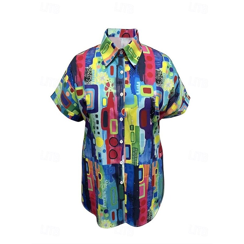 Women's Shirt Long Sleeve Button Down Blouse Graphic Geometric Color Gradient Vintage Tropical Daily Short Sleeve Shirt Collar Regular Tops Daily Pink Blue Green Summer Spring2