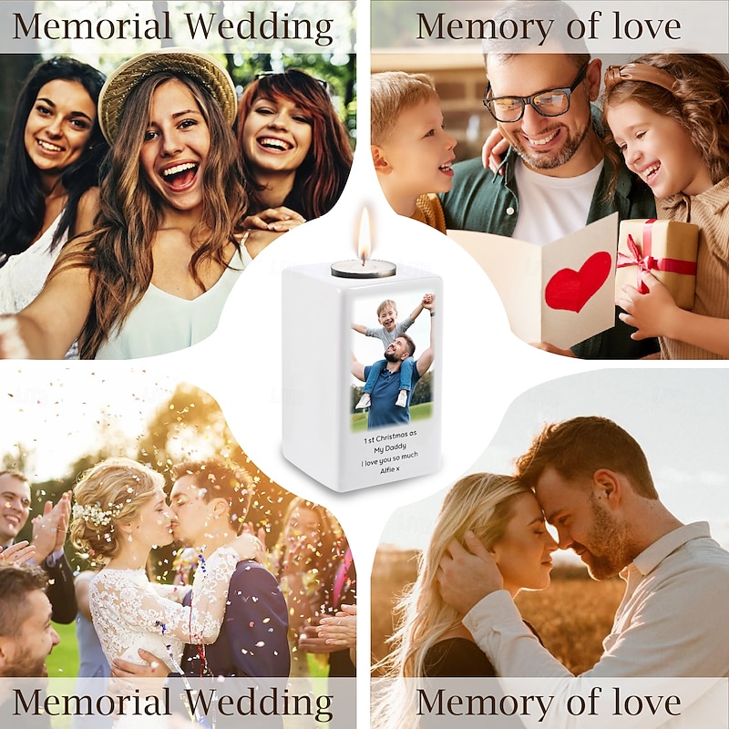Personalized Ceramic Memorial Candle Holder Custom Photo Name Year, Wedding Gift Keepsake Gift for Dad Mom Lover Pet, Remembrance for Birthday Anniversary Christmas Valentine's Day3