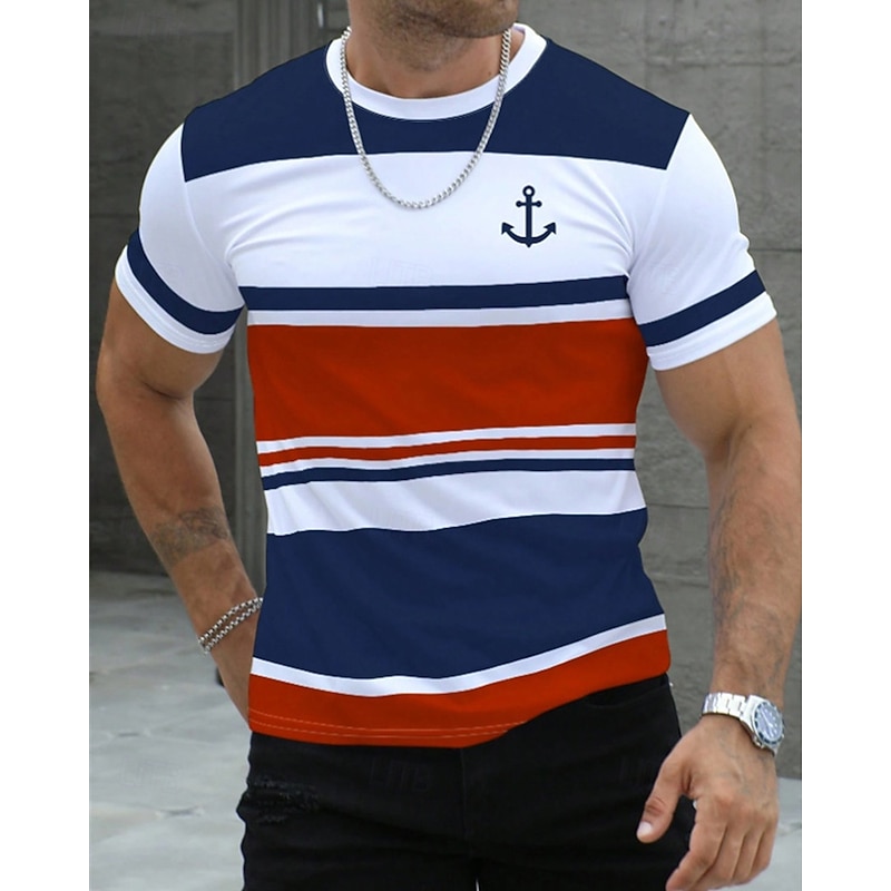 Men's T Shirt Tee Short Sleeve Shirt Tee Top Short Sleeve Crew Neck Summer Color Block Fashion Designer Basic Print Vacation Street Going out Red Navy Blue Blue Top Tee for Men2