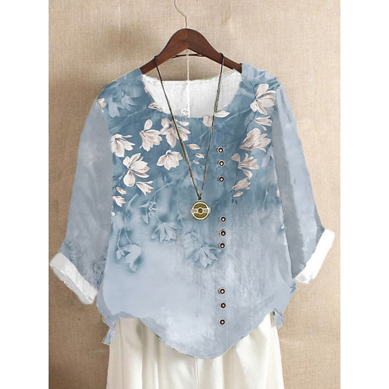 Women's Linen Shirts Floral Daily Retro Vintage Long Sleeve Crew Neck Regular Tops Daily Holiday Buttons Print White Blue Green Light Blue Summer