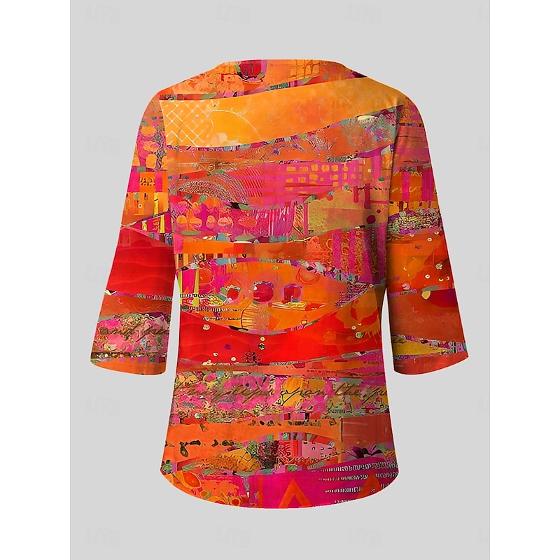 Women's Blouse Long Sleeve Graphic Abstract Bohemia Vintage Ethnic 3/4 Length Sleeve Crew Neck Regular Tops Daily Vacation Wear Print Blue Purple Orange Summer Spring2