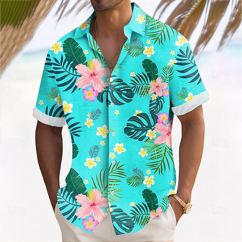 Men's Palm Leaf Tropical Plants Flowers Summer Hawaiian Shirt Button Up Shirt Aloha Shirt Short Sleeve Hawaiian Vacation Holiday Beach Wear Summer Spring Turndown 3D Print Collared Shirts Blue