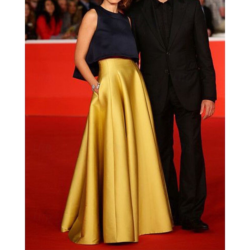 Black and Gold A-Line Evening Gown Elegant Dress Formal Semi Formal Wedding Guest Floor Length Sleeveless Crew Neck Satin with Pocket2