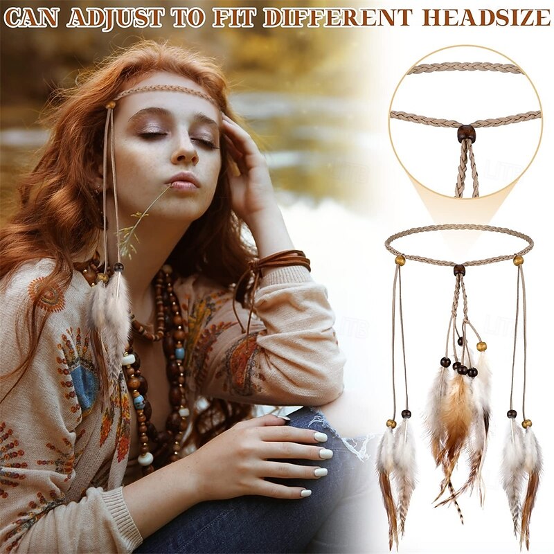 3 Pack Feather Hair Clips and 1 Boho Feather Headband Hippie Hair Extensions with Clip Comb Set for Women Mardi Gras Cosplay Costume Carnival Party Headdress Accessory Gifts2