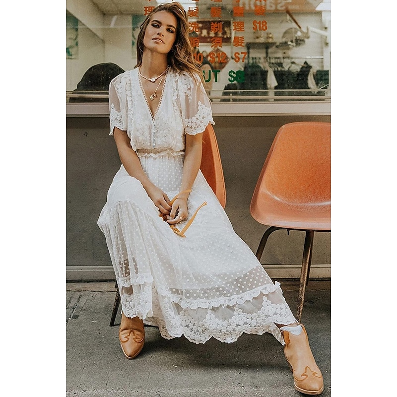 Women's Maxi long Dress White Dress Lace Dress Holiday Dress Swing Dress Elegant Romantic Boho Vacation Holiday Date Regular Fit Pure Color Short Sleeve V Neck White Summer Spring2