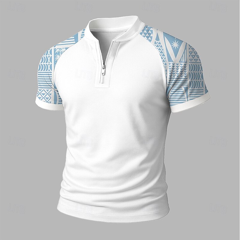 Men's Graphic Zip Polo Short Sleeve Stand Collar Modern Leisure Athleisure Casual Daily Zipper 3D Print Summer Robin's Egg Blue White Blue White3