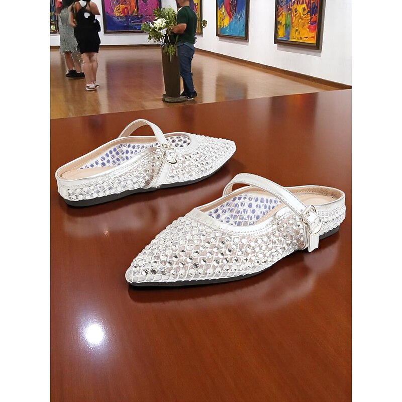 Women's Silver Rhinestone Flat Mules - Sparkly Slip-On Mary Jane Shoes for Stylish Daytime Dates and Gallery Visits4