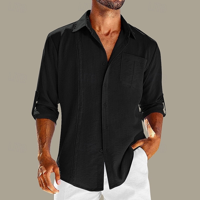 Men's Shirt Plain Vacation Hawaiian Black White Blue Khaki Long Sleeve Lapel Spring & Summer Clothing Apparel Pocket