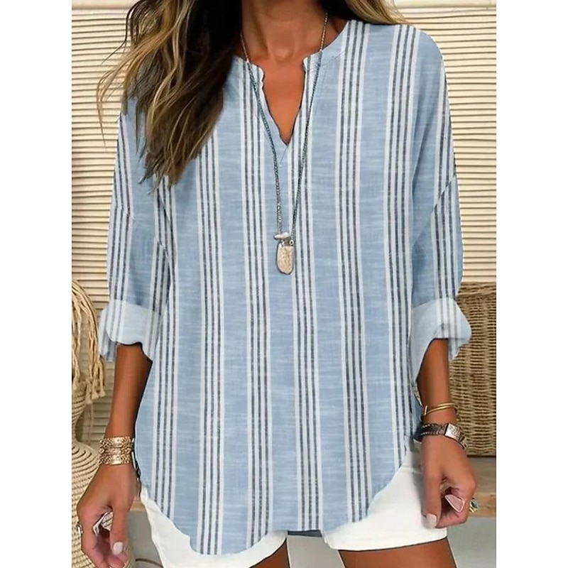 Women's Blouse Tunic V Neck Long Sleeve Boho Casual Tops Cotton Linen Graphic Striped Daily Business Regular Tops Work Daily Buttons Print Blue Gray Light Blue