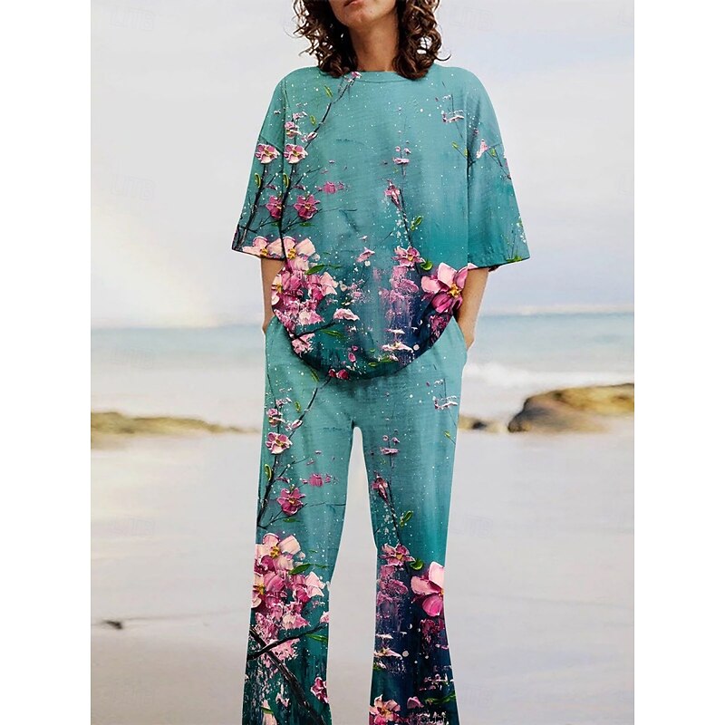 Women's Active Vacation Pants Sets Half Sleeve Crew Neck Ombre Floral Print Casual Daily Black White Navy Blue Summer Regular Fit4