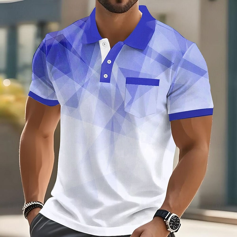 Men's Geometric Polo Short Sleeve Turndown Business Casual Daily Sports & Outdoor Business Casual Daily Pocket Buttons Summer Robin's Egg Blue Dark Blue Green3
