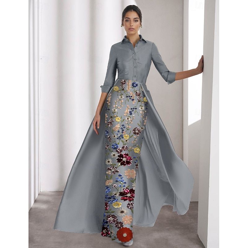 Embroidered Column Evening Gown Elegant Formal Wedding Guest Floor Length Long Sleeve Shirt Collar Satin with Glitter