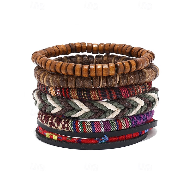 Men's Boho Multi-layer Beaded Braided Bracelet Set, Various Material Designs - Wood, Leather and Rope, Tribal Style, Beach and Casual Wear2