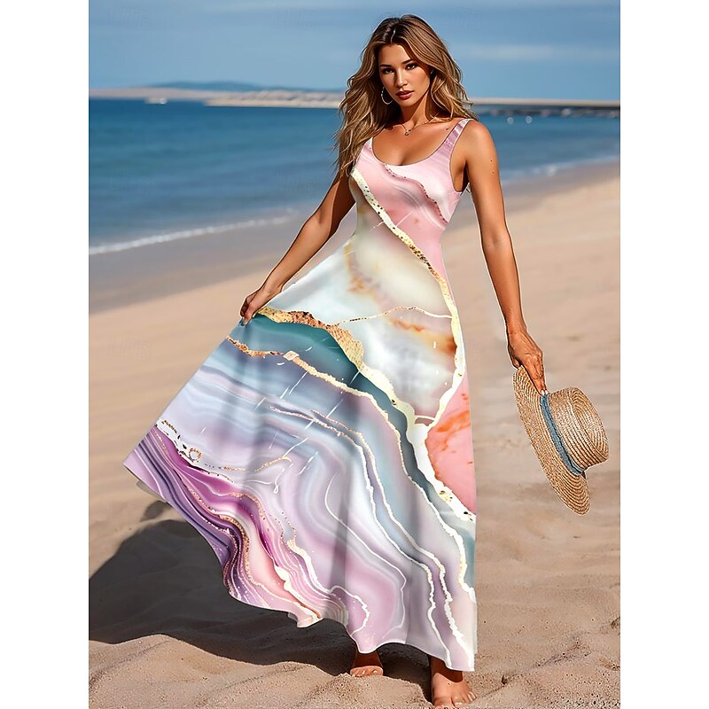 Women's Maxi Dress A Line Dress Off The Shoulder Dress Vacation Casual Beach Party Regular Fit Ombre Graphic Marble Sleeveless Square Neck Scoop Neck Light Pink Ice Blue Peacock Blue Summer Spring4