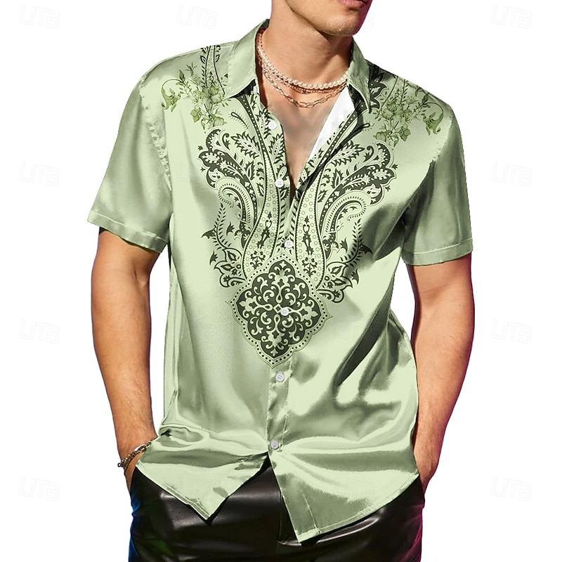 Men's Paisley Ethnic Flowers Satin Shirt Dress Shirt Button Up Shirt Short Sleeve Vintage Retro Vacation Party Evening Wear Daily Summer Spring Turndown Collared Shirts Button Up 3D Print Blue Green2