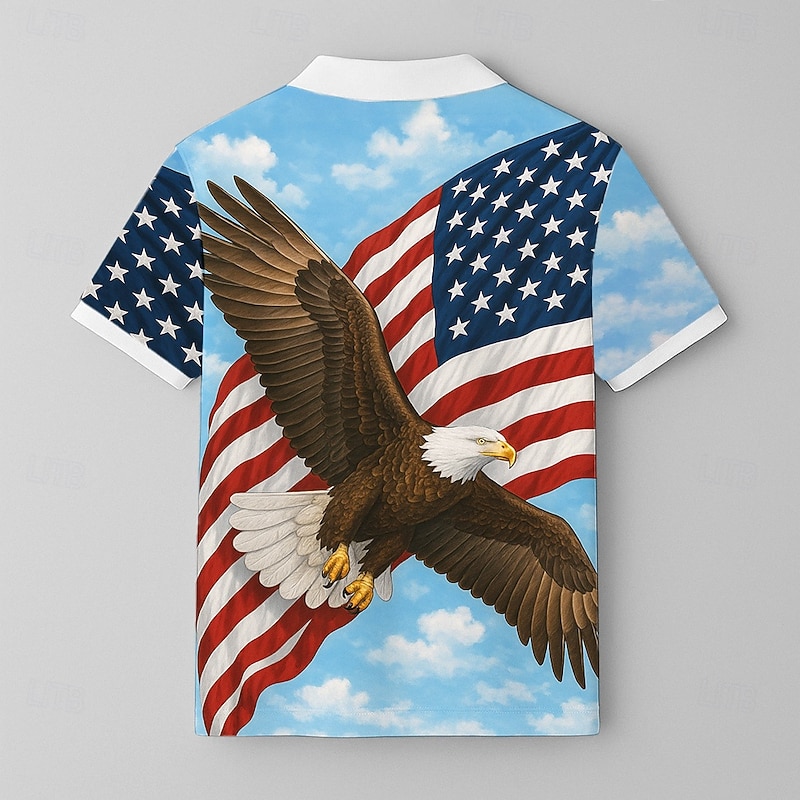 Independence Day Men's American US Flag Eagle Polo Short Sleeves Lapel Casual Daily Sports & Outdoor Athleisure Festival Buttons Summer Dark red Robin's Egg Blue Navy Blue2