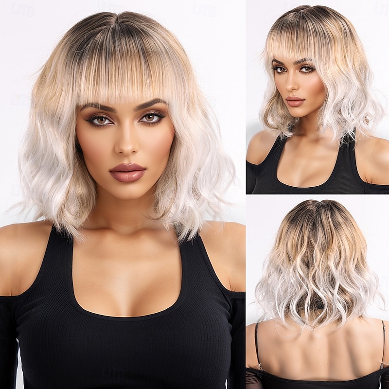 Women's A1 Synthetic Hair Wavy Wig 14 inch Asymmetrical Neat Bang Machine Made Classic Comfortable Multi-color Color Gradient