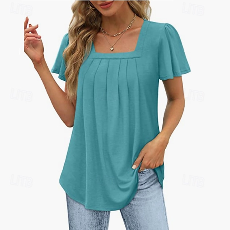Women's Blouse Summer Tops Solid Color Elegant Stylish Basic Short Sleeve Square Neck Regular Tops Daily Ruched Black White Pink Blue Green Summer3
