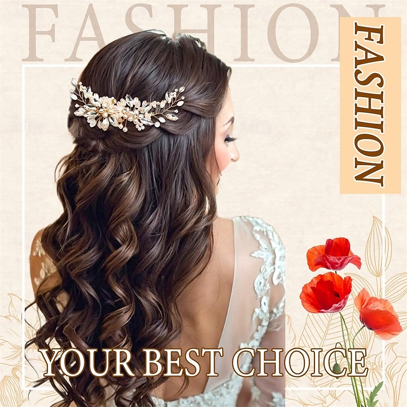 Wedding Hair Piece Sparkly Crystal Hair Side Comb Gold Bridal Pearl Headwear Bride Bridesmaid Flower Headdress for Women and Girls3