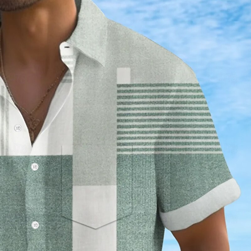 Men's Geometric Color Block Grid / Plaid Shirt Summer Shirt Button Up Shirt Short Sleeve Fashion Casual Vacation Holiday Streetwear Summer Turndown 3D Print Front One Pocket Linen Like Shirt Green4