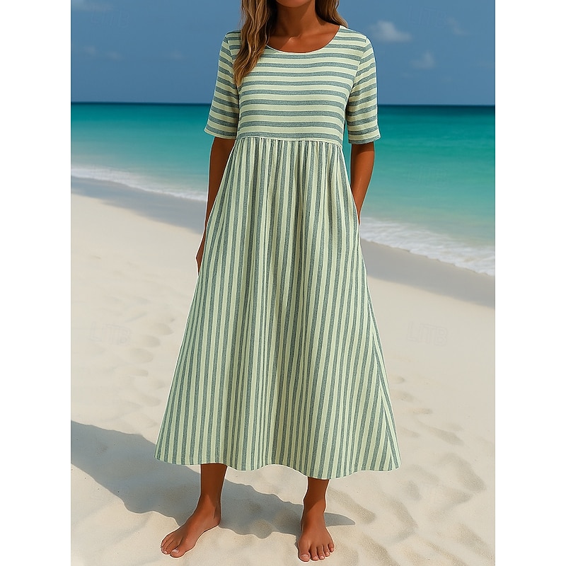 Women's Maxi Dress Sundress Casual Daily Fall Dress Loose Fit Striped Short Sleeve Crew Neck Sky Blue Camel Purple Green Fall