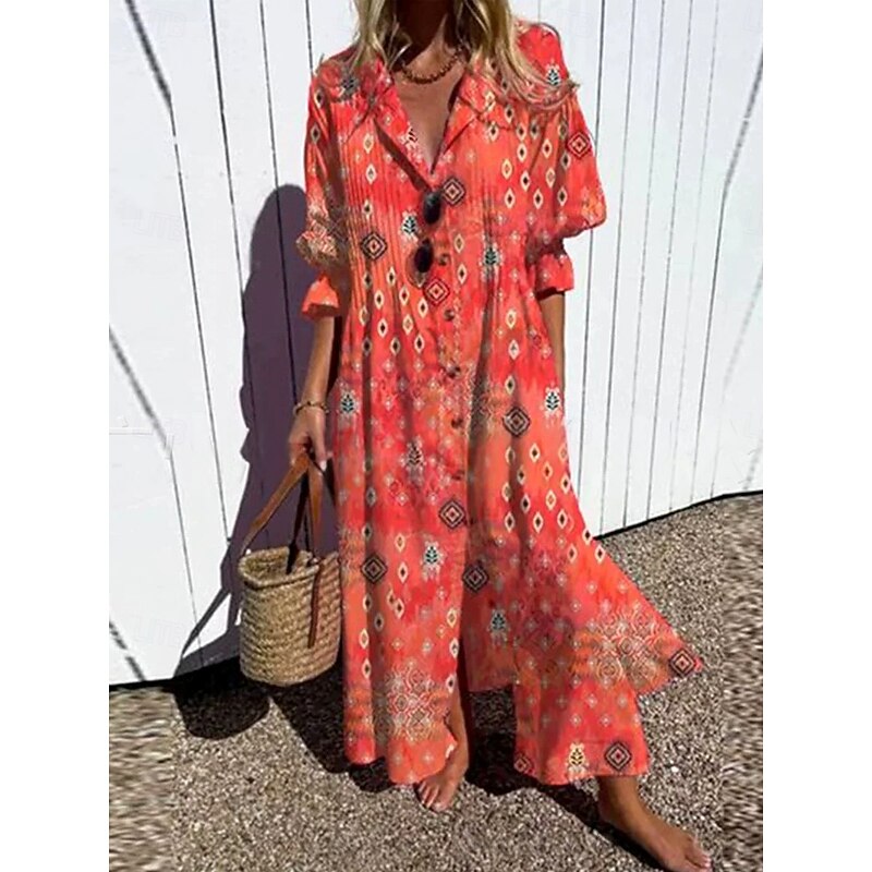 Women's Maxi Dress A Line Dress Vacation Ethnic Casual Loose Fit Floral Graphic Leaf 3/4 Length Sleeve V Neck Shirt Collar Aqua Blue Sage Green White Navy Blue Summer Spring3