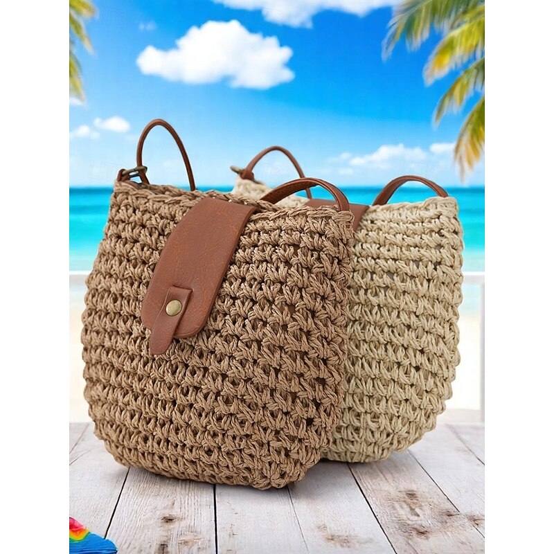 Women's Woven Straw Crossbody Bag with Leather Strap - Chic Boho-Style Handbag for Summer, Beach and Casual Outings