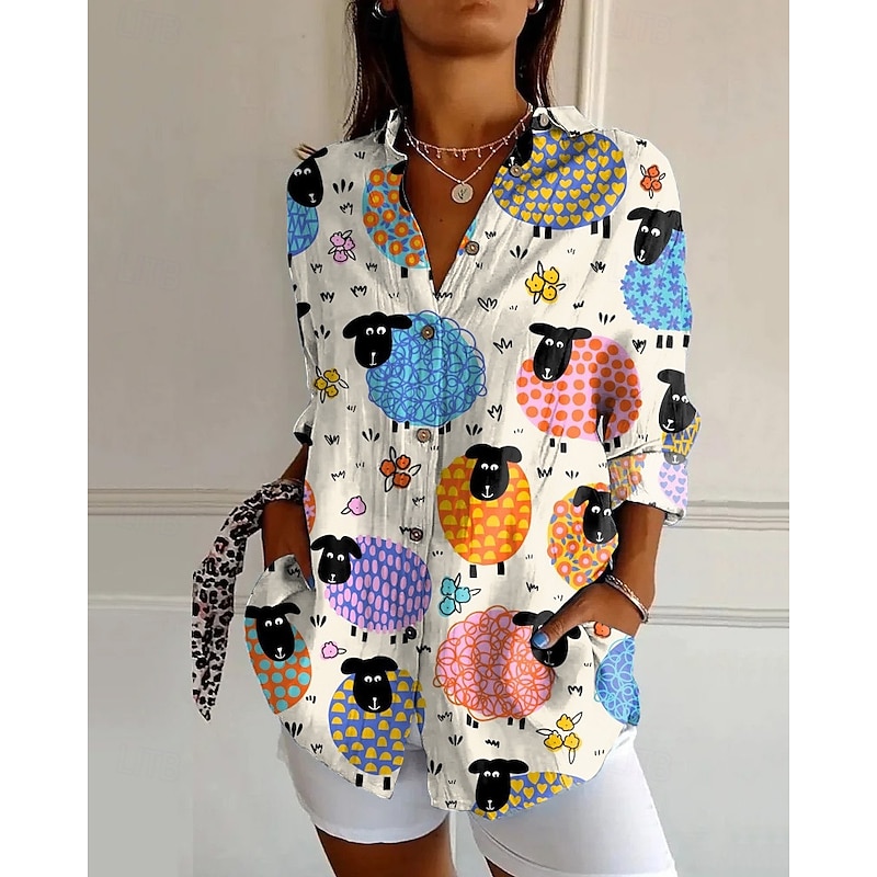 Women's Shirt Animal Daily Stylish Basic Half Sleeve V Neck Regular Tops Daily Holiday Print White Yellow Pink Spring Fall2