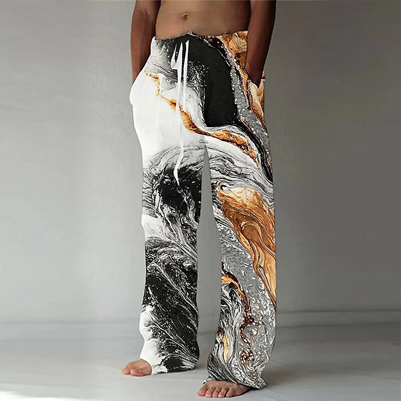 Men's Marble Abstract Liquid Art Trousers Baggy Pants Casual Pants Mid Waist Casual Outdoor Vacation Side Pockets Wide Leg Elastic Drawstring Waist Summer Spring 3D Print Black White Red