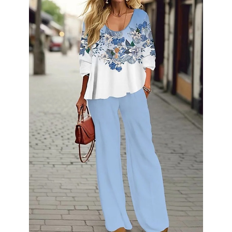 Women's Blouse 3/4 Length Sleeve U Neck Ombre Floral Graphic Print Outdoor Vacation Casual Black Light Green Sky Blue Summer Loose Fit2