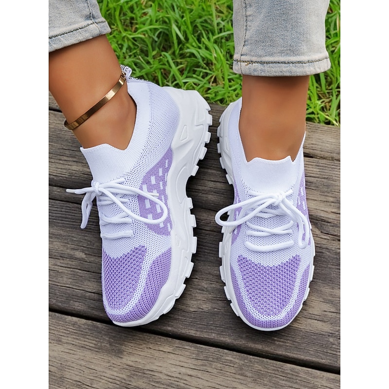 Women's Flyknit Athletic Shoes - Lightweight Breathable Sneakers with Purple Design, Lace-Up Closure, Perfect for Casual Wear and Outdoor Activities