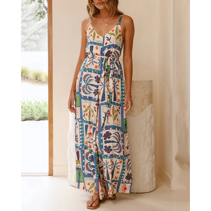 Women's Normal Jumpsuit Casual Floral Sleeveless Wide Leg V Neck Print Street Daily Regular Fit Blue Summer3
