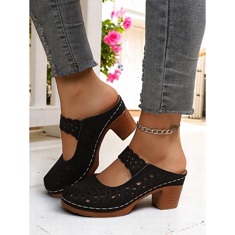 Women's Slip-On Hollow Out Chunky Heel Mules – Faux Leather Vintage Sandals, Perfect for Casual Strolls, Backyard Brunch, Outdoor Art Fair and Spring Travel2