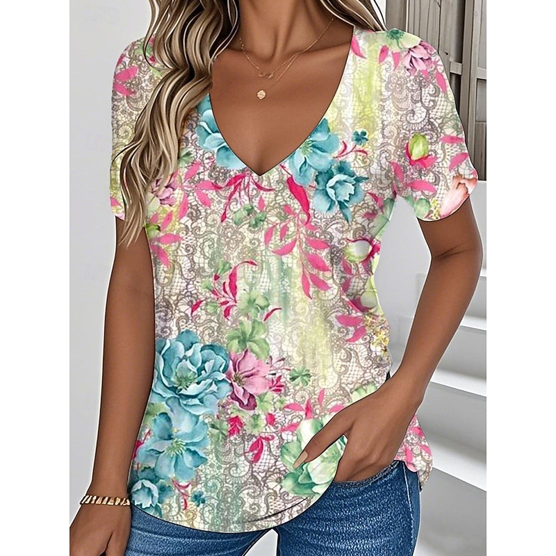 Women's T Shirt Floral Graphic Plants Vintage Stylish Classic Short Sleeve V Neck Regular Tops Daily Print Yellow Pink Green Summer Spring3