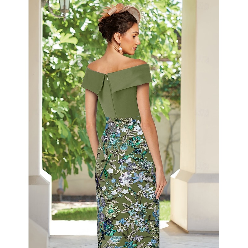 Column Embroidered Cocktail Dresses Vintage Formal Wedding Guest Ankle Length Short Sleeve Off Shoulder Convertible Stretch Crepe with Slit2