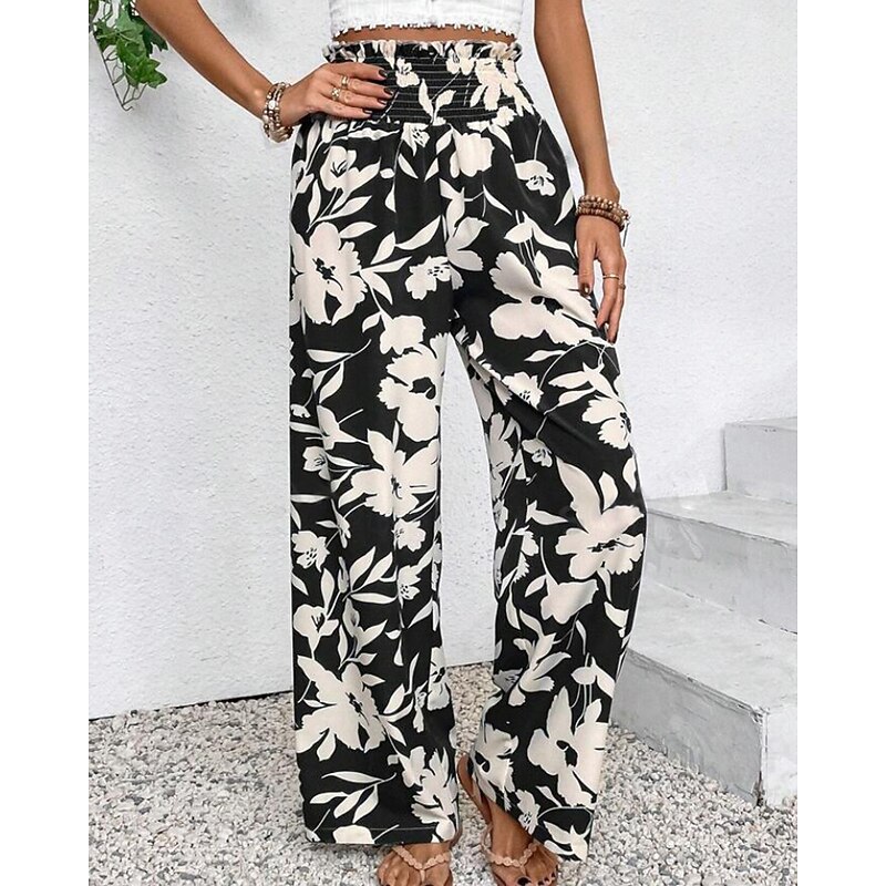 Women's Slacks Pants Trousers Boho Full Length Natural Floral Elastic Waist Print Comfy Outdoor Comfortable Street Going out Navy Black Khaki Summer Regular Fit2