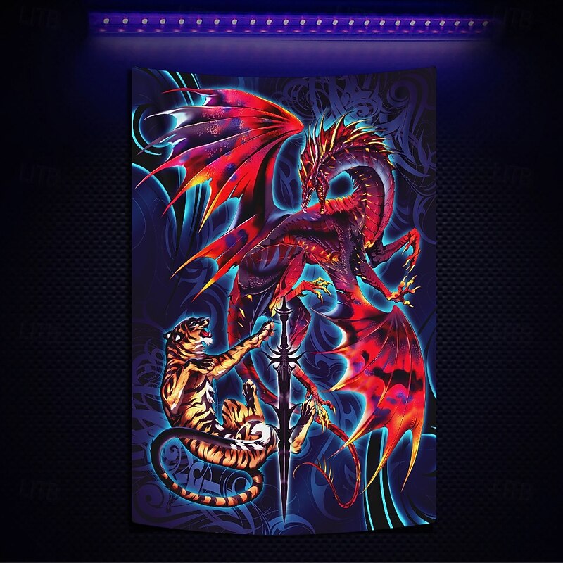 Ruth Thompson Blacklight Tapestry Glow in the Dark Glow Party UV Reactive Trippy Misty Hanging Tapestry Wall Art Mural for Living Room Bedroom Dragonblade Tigerblade HIGH REZ