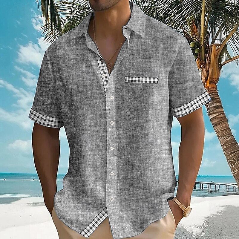 Men's Geometric Grid / Plaid Shirt Summer Shirt Button Up Shirt Short Sleeve Fashion Casual Vacation Holiday Streetwear Summer Turndown 3D Print Front One Pocket Linen Like Shirt Yellow Blue Green4